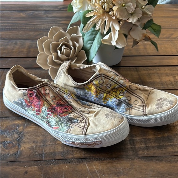 Ed Hardy Shoes - Ed Hardy Cream and Red Sneakers with Artistic Flair